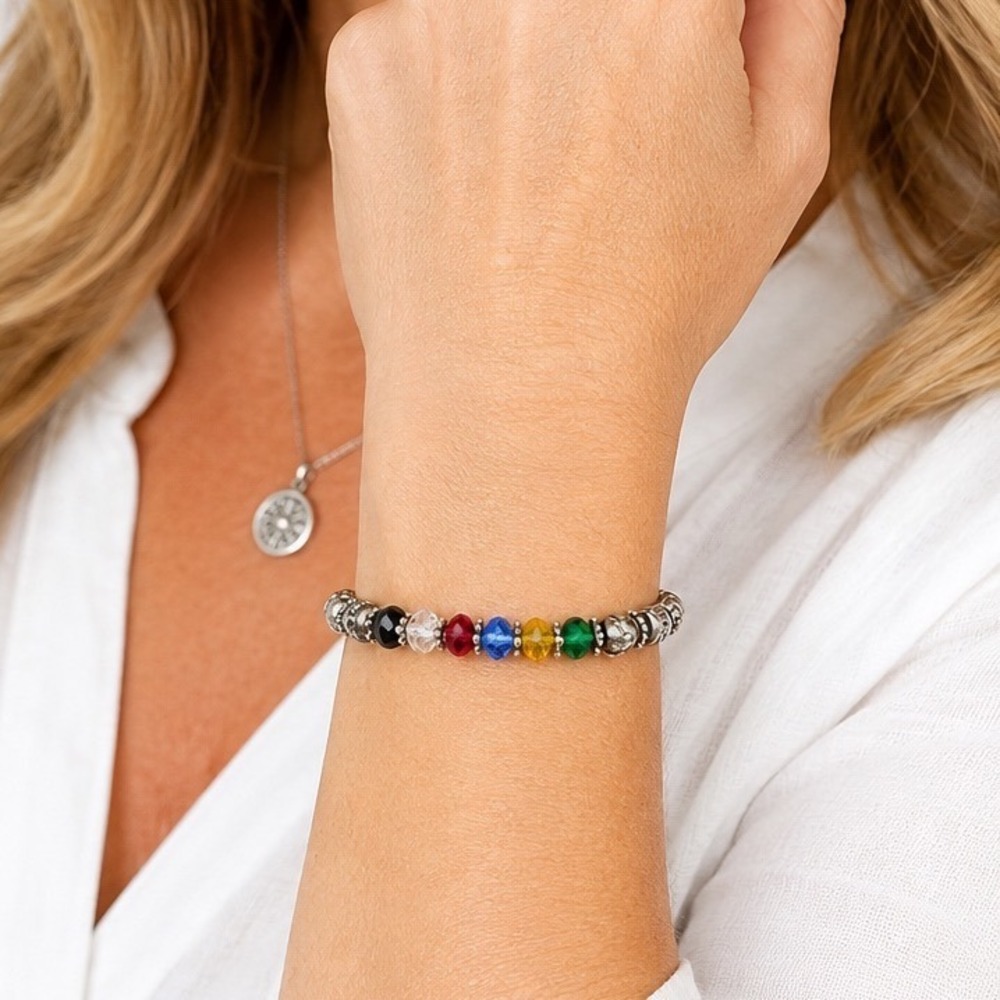 Bohemian Silver Tone Rainbow Crystal Beaded Toggle Bracelet Antique Finish - Picture 4 of 8